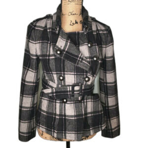 Forever 21 Plaid Belted Peacoat 18% Wool Coat Double Breasted Button Up Womens S